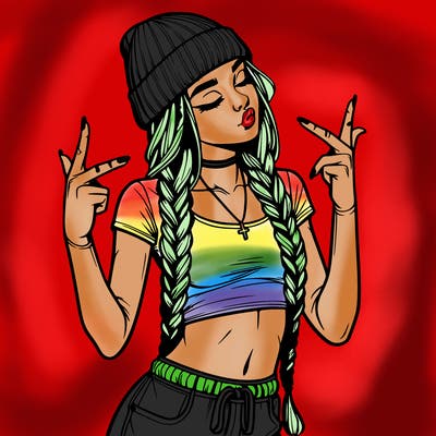 realistic teenage girl with braids and a beanie and crop top doing 🫶🏼