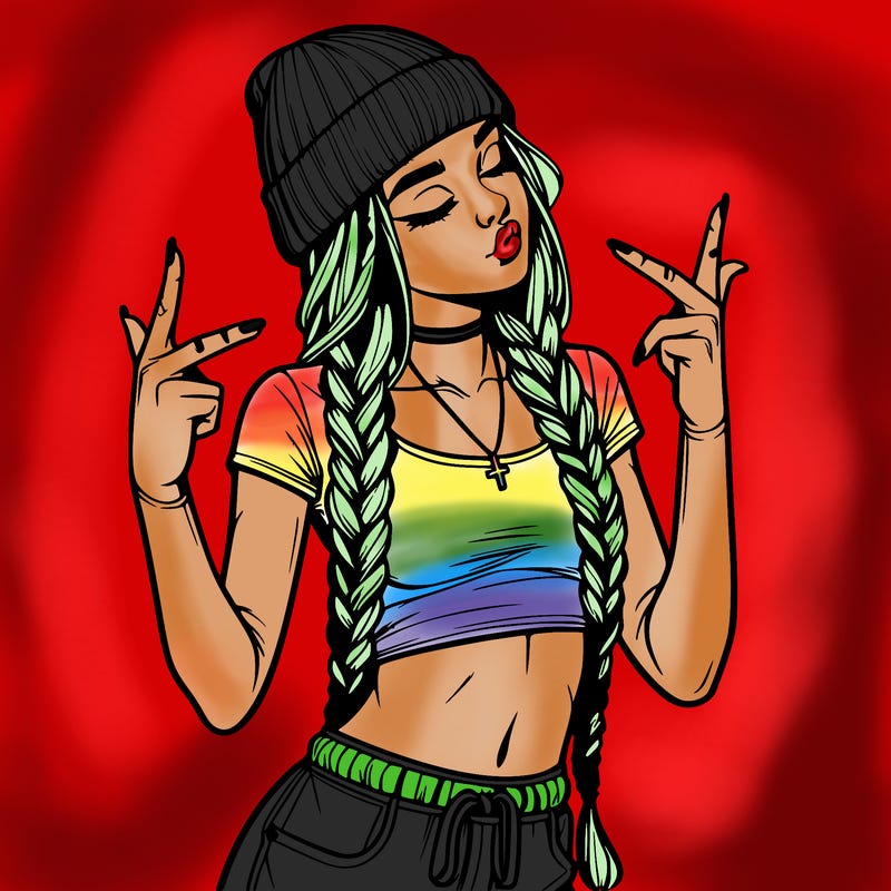 realistic teenage girl with braids and a beanie and crop top doing 🫶🏼