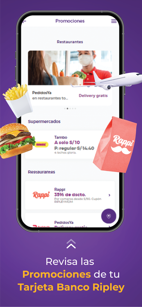 Banco Ripley Perú - Écran de smartphone montrant les promotions de cartes de crédit Banco Ripley Peru pour les restaurants et services de livraison de repas comme Rappi et PedidosYa