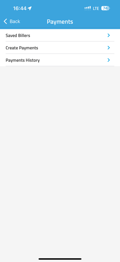 Tela do menu de pagamentos no aplicativo móvel JN Bank LIVE Personal mostrando opções para Faturadores Salvos, Criar Pagamentos e Histórico de Pagamentos.