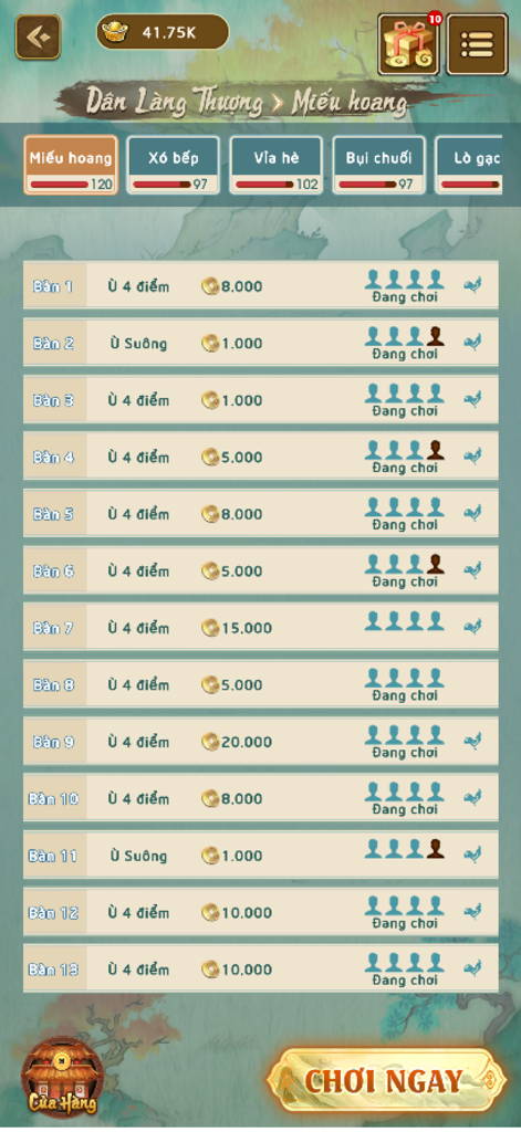 Chắn Một Tay - Chắn Sân Đình - Lobby screen showing a list of game tables and rooms in the Chan Mot Tay card game