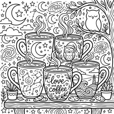 Settle in for a soothing coloring experience with this enchanting night-themed design featuring an array of cozy mugs. Discover intricate details like starry skies, sleeping owls, and warm beverages, perfect for a relaxing evening activity.