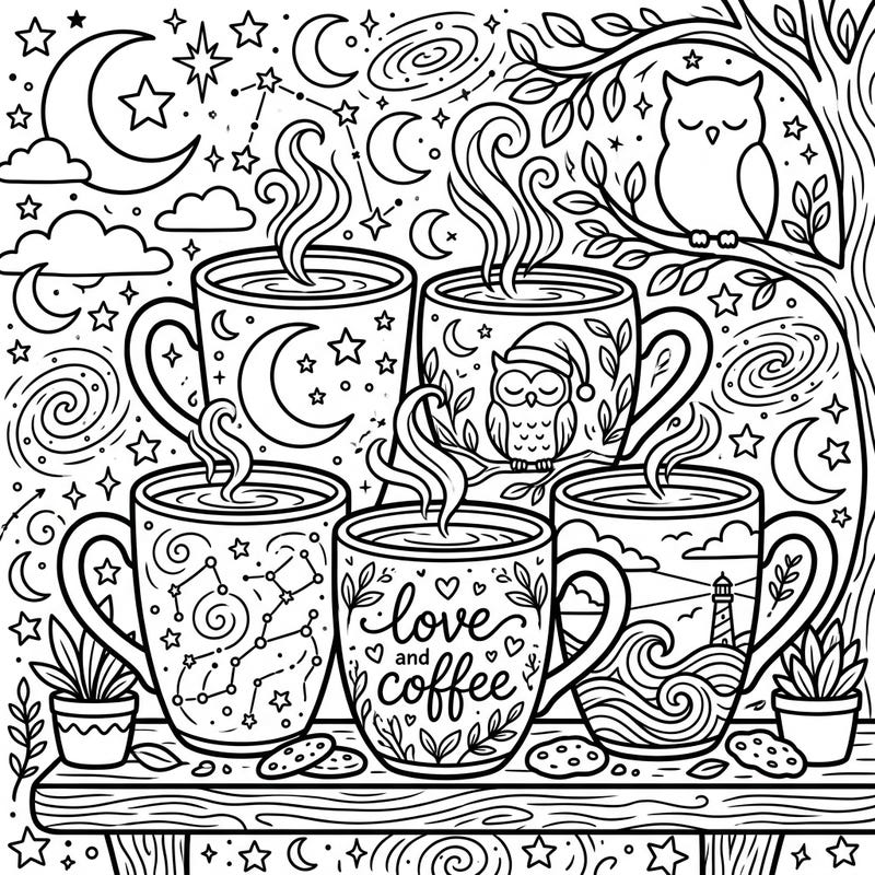 Settle in for a soothing coloring experience with this enchanting night-themed design featuring an array of cozy mugs. Discover intricate details like starry skies, sleeping owls, and warm beverages, perfect for a relaxing evening activity.