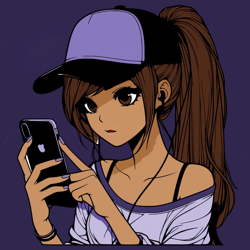 realistic girl with a long ponytail and trucker hat holding an iphone