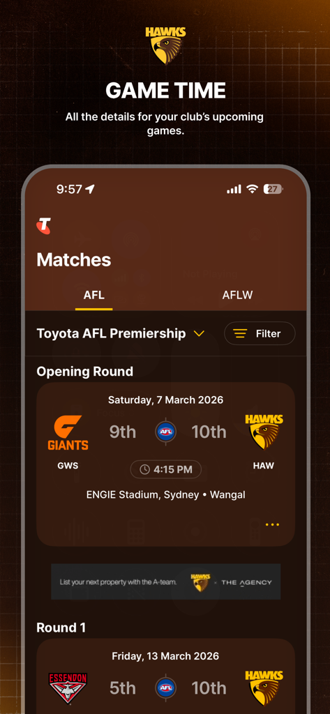 La App Oficial de Hawthorn mostrando los próximos partidos de la AFL y los horarios de los juegos.