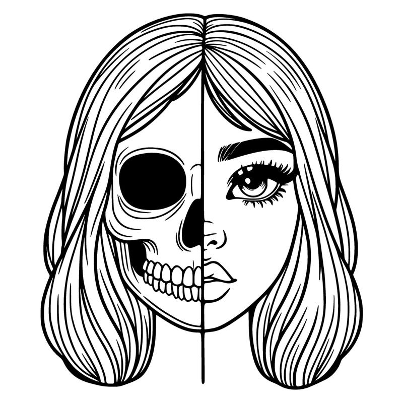 realistic girl with half face half skull