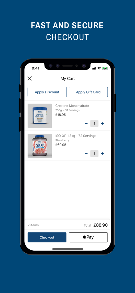 Tela do carrinho do aplicativo móvel Applied Nutrition mostrando suplementos de creatina e proteína com uma opção de checkout seguro Apple Pay