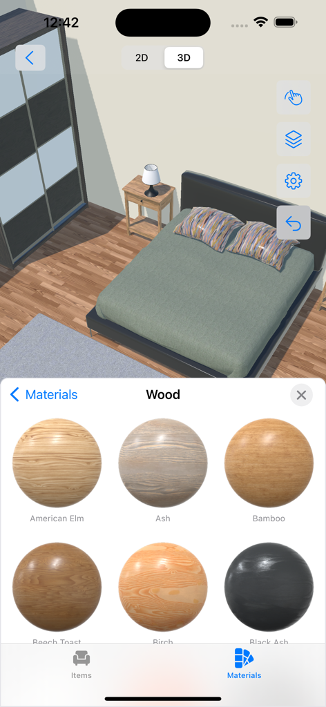 A 3D bedroom view in the 4Plan app with a materials selection menu showing different wood types like American Elm and Ash for customization.