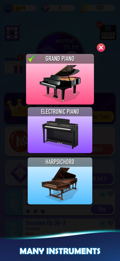 Schermata di selezione degli strumenti in Music Tiles 2 con pianoforte a coda, pianoforte elettrico e clavicembalo