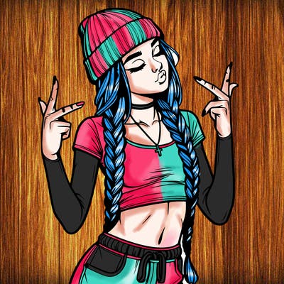 realistic teenage girl with braids and a beanie and crop top doing 🫶🏼