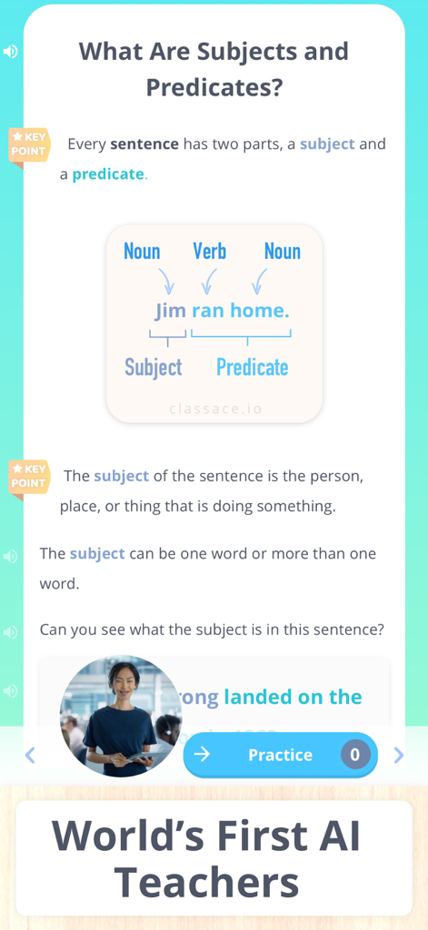 Learn Grammar 3rd Grade - Interface of the Learn Grammar 3rd Grade app showing a lesson on subjects and predicates with an AI teacher profile