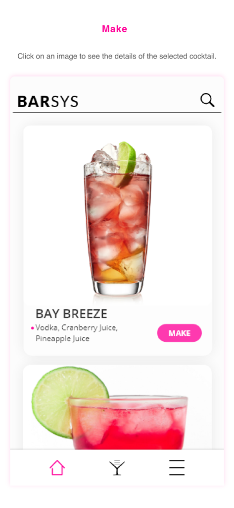 Barsys - Barsys app interface displaying a Bay Breeze cocktail recipe with a pink make button