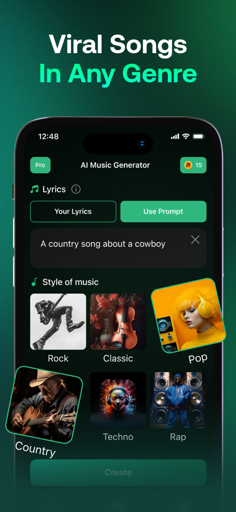 AI Song: AI Music Generator - AI Song App-Oberfläche, die Optionen zur Erstellung von Musik in verschiedenen Genres wie Rock und Pop aus einem Text-Prompt anzeigt