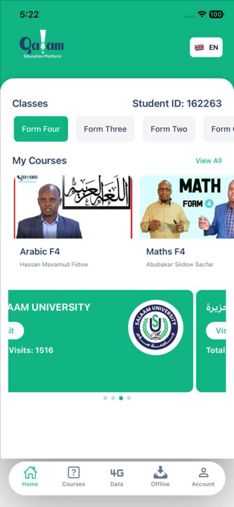 Qalam Platform - Home screen of the Qalam Education Platform app showing course categories and lessons for students