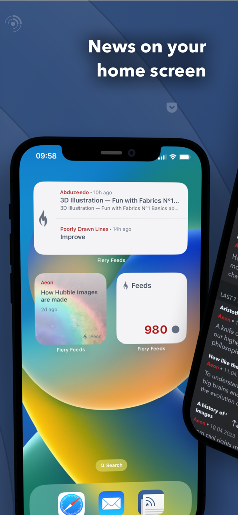 Fiery Feeds: News Reader - iPhone home screen featuring three Fiery Feeds news and feed count widgets