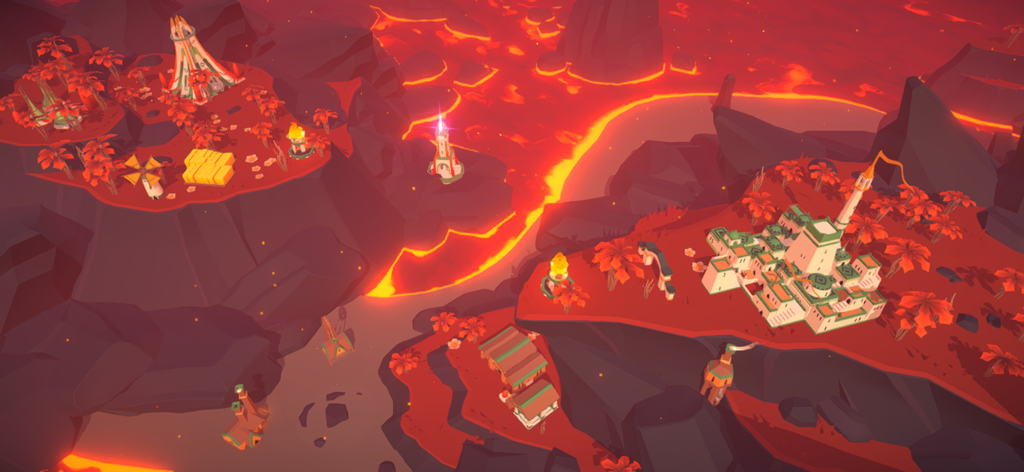 ISLANDERS: Mobile - A minimalist city built on rocky islands surrounded by glowing lava.
