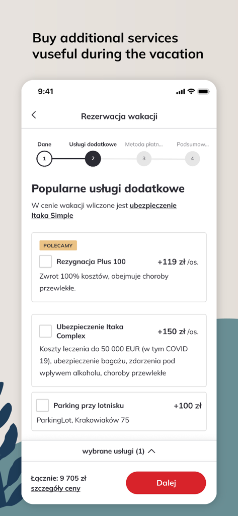 Itaka Biuro Podróży & Wakacje - Interfaz de la aplicación móvil para seleccionar servicios de viaje adicionales como seguros y estacionamiento en el aeropuerto