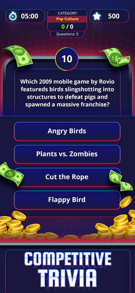 Skillz™ Trivia Showdown - Pantalla de juego de Skillz Trivia Showdown que muestra una pregunta de cultura pop con respuestas de opción múltiple y monedas de oro