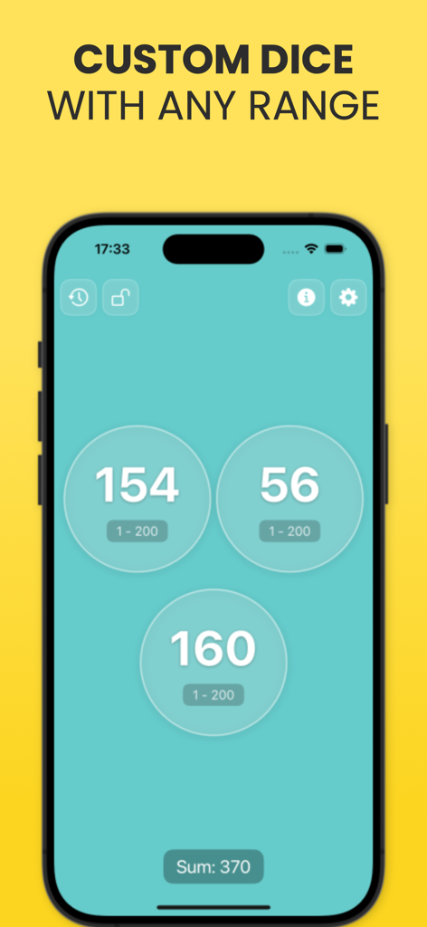 Captura de pantalla de la app Just Dice mostrando lanzamientos de dados de rango personalizado con una calculadora de suma total