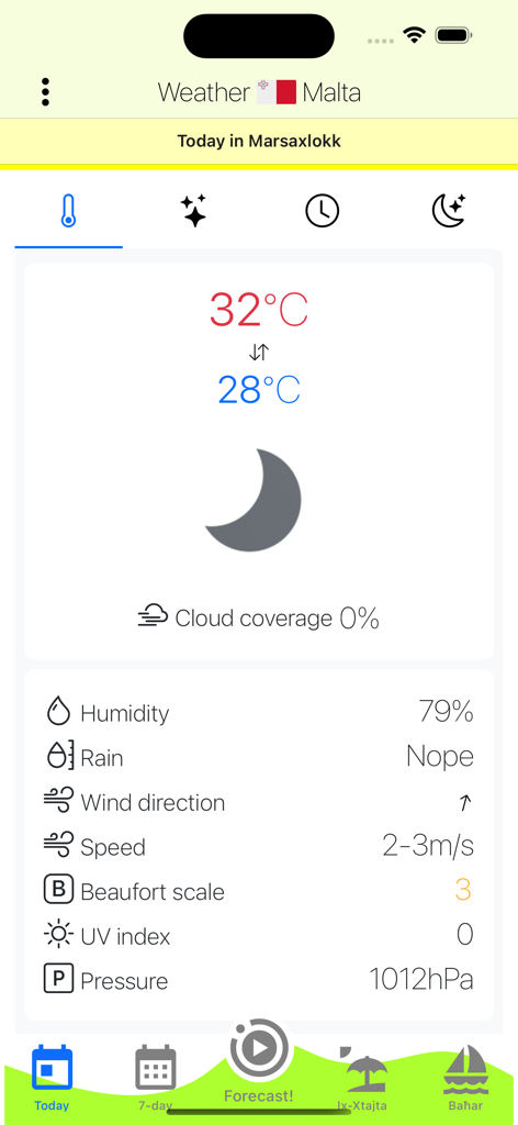 Weather Malta - Interfaz de la aplicación El Tiempo Malta mostrando las condiciones nocturnas en Marsaxlokk con 32 grados y un estado de lluvia humorístico
