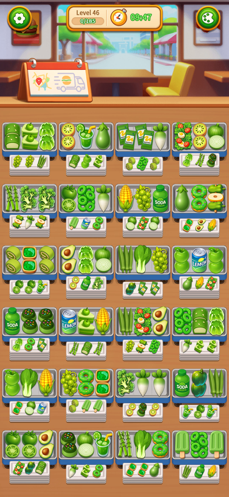 A gameplay screenshot of Grill Sort showing various green-themed food items like vegetables and drinks organized into sorting containers on a restaurant counter background