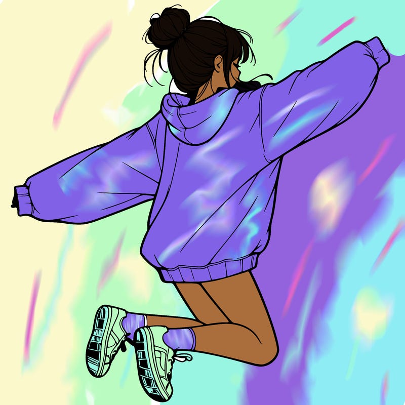 realistic girl jumping with a bun and oversized sweatshirt
