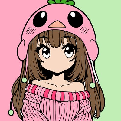anime girl with chick shaped hat with sweater with bare shoulders with bangs covering them one eye with low tail