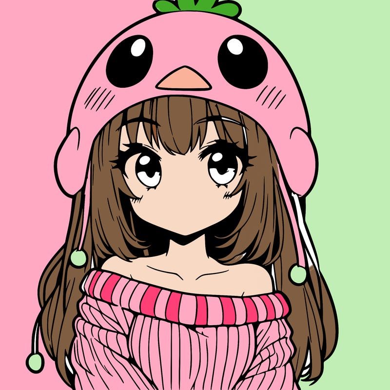 anime girl with chick shaped hat with sweater with bare shoulders with bangs covering them one eye with low tail