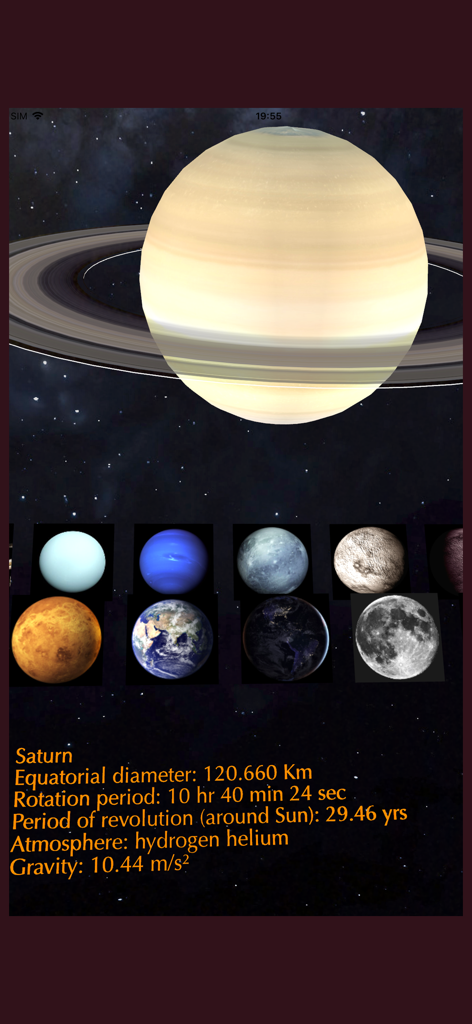 AR Solar System PRO - Vista de realidad aumentada de Saturno con datos planetarios y una selección de otros cuerpos celestes