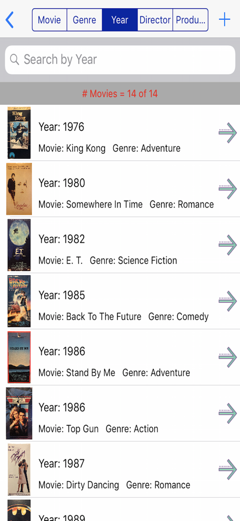 Movie Collector - La aplicación Movie Collector mostrando una lista de películas organizadas por año de lanzamiento con carátulas y géneros.