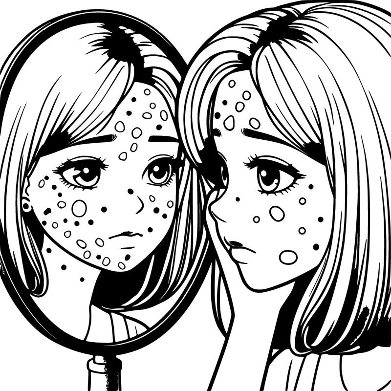 girl, realistic, looking depressed looking in the mirror, has acne and pimples all over her face