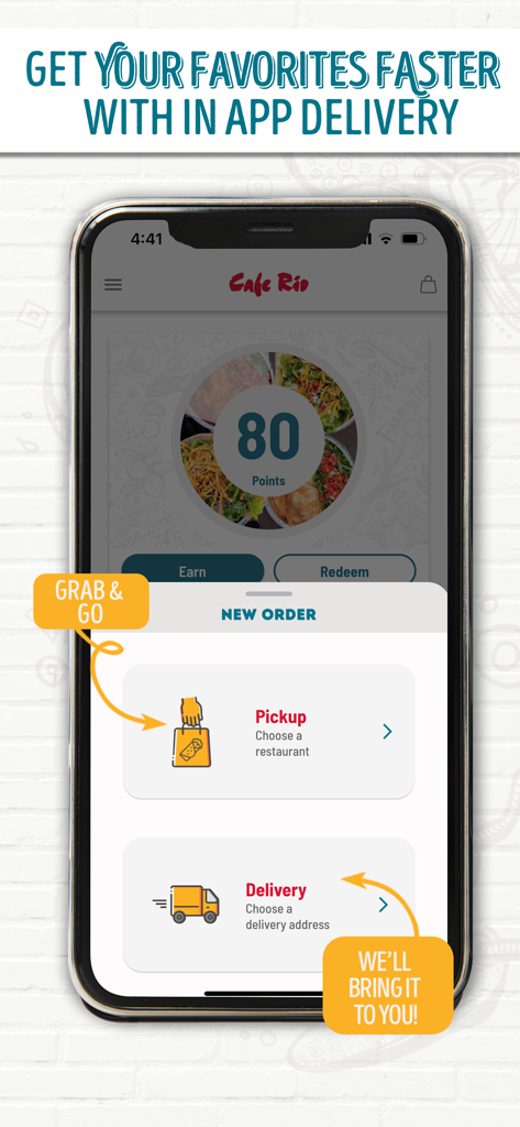 Cafe Rio - Cafe Rio mobile app interface showing pickup and delivery options with a rewards points tracker