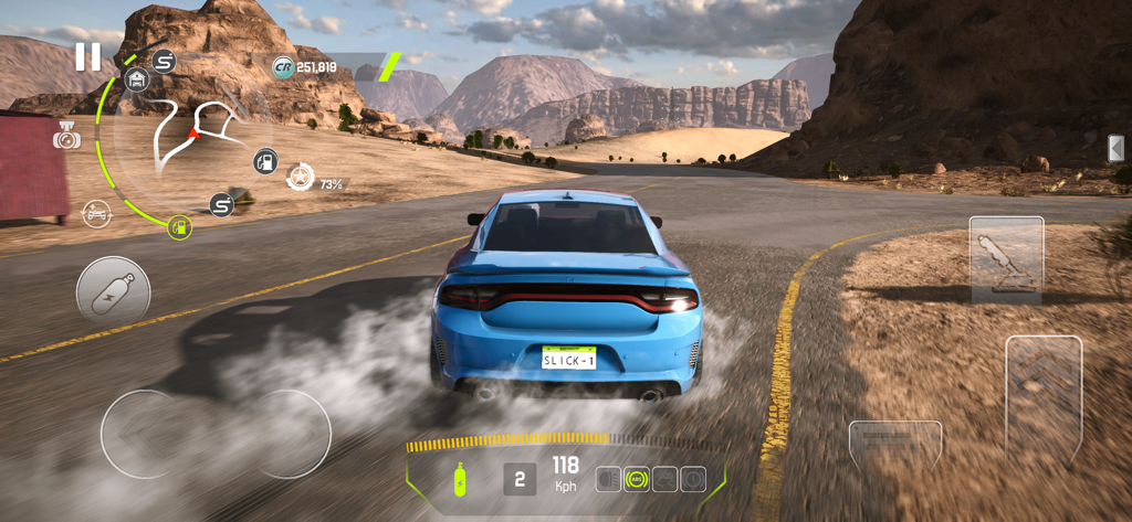 SlickTires Racing - Blue muscle car drifting on a desert highway with tire smoke in SlickTires Racing