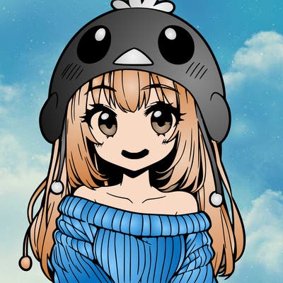 anime girl with chick shaped hat with sweater with bare shoulders with bangs covering them one eye with low tail