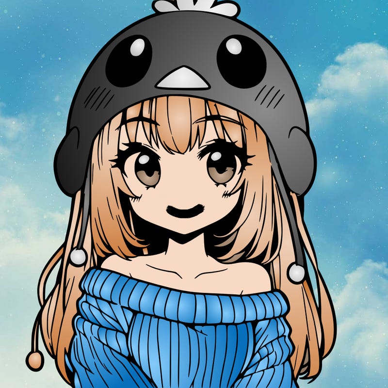 anime girl with chick shaped hat with sweater with bare shoulders with bangs covering them one eye with low tail