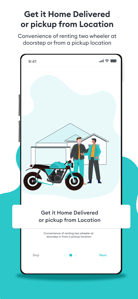 Freedo Rentals - Freedo Rentals app screen showing bike home delivery and pickup location options
