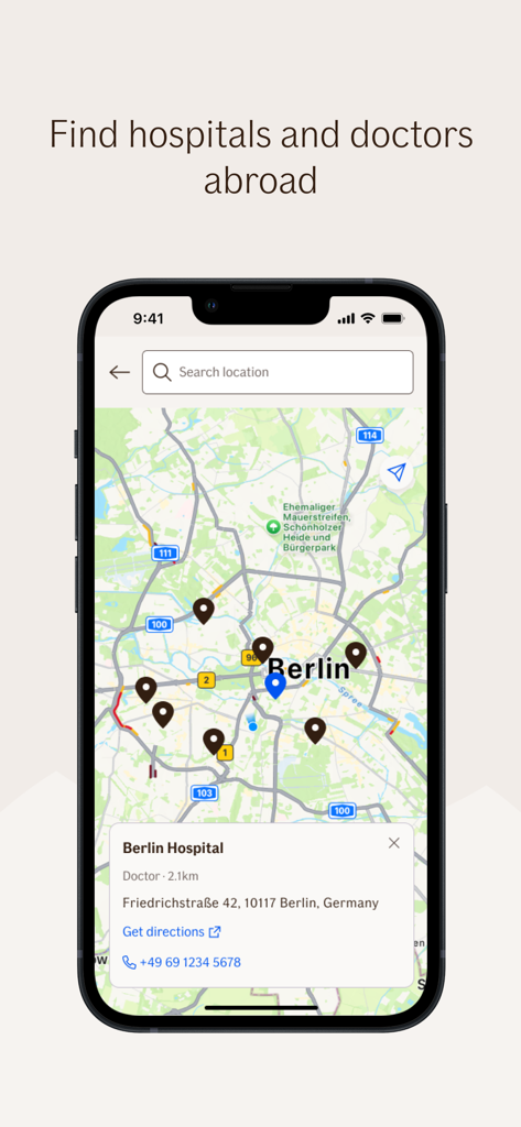 Map view in the If travel app showing nearby hospitals and doctors in Berlin