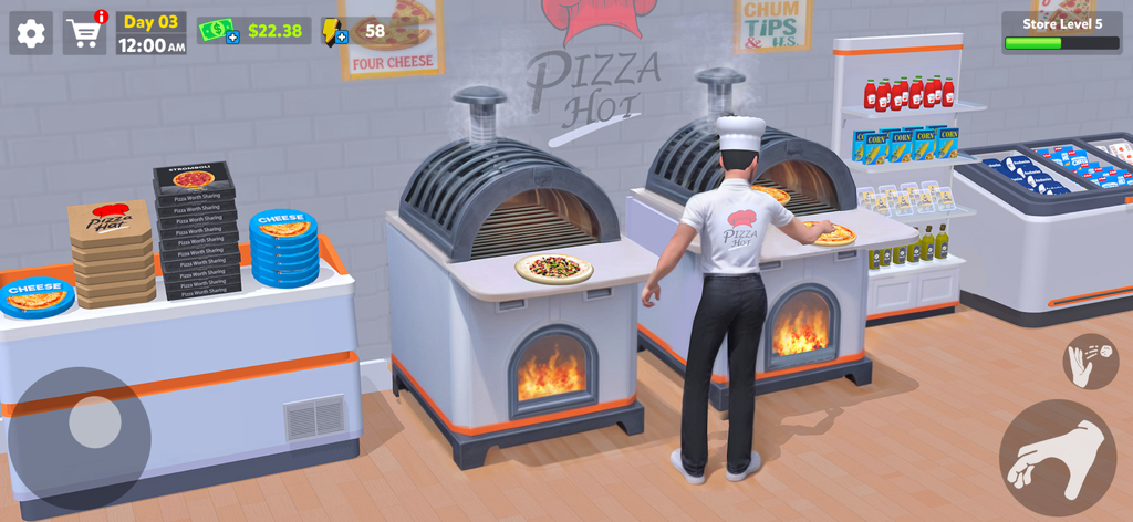 Pizza Shop Simulator 3D - Captura de pantalla del juego de Pizza Shop Simulator 3D que muestra a un chef gestionando múltiples hornos de pizza e inventario en una pizzería.