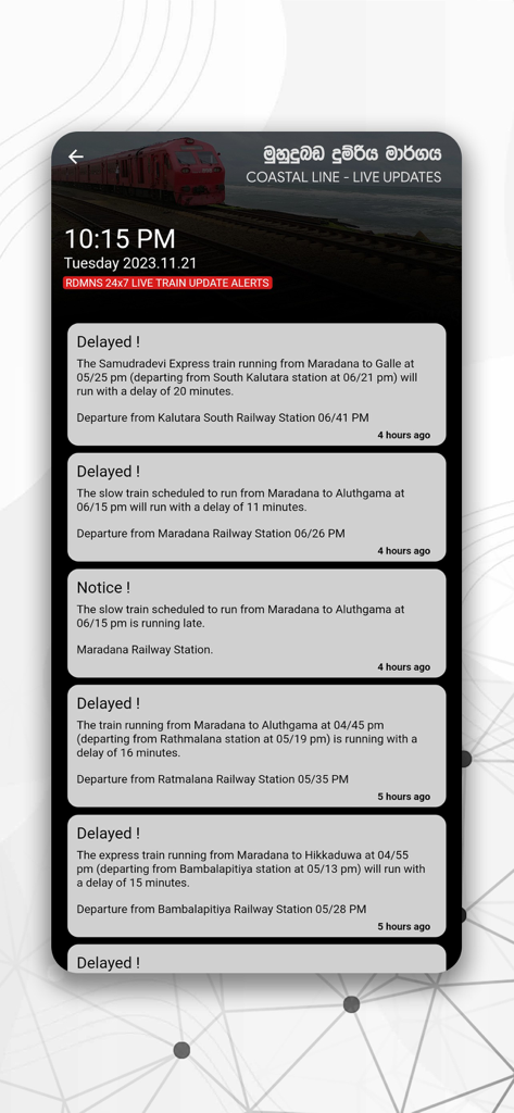 RDMNS.LK - Live Train Updates - A mobile screen showing live train delay alerts and notifications for the Coastal Line on the RDMNS.LK app