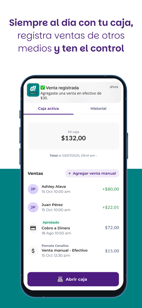 Deuna Negocios: cobra fácil - Interfaz de la app Deuna Negocios mostrando la caja registradora activa con las transacciones de ventas diarias y el saldo total.