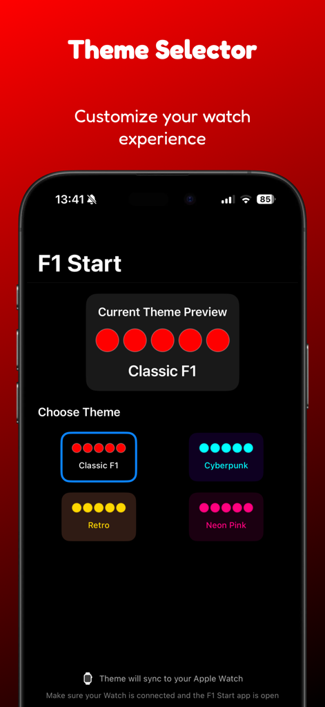 F1 Start - Reaction test - Theme selector screen in the F1 Start app for customizing race light colors on iPhone and Apple Watch