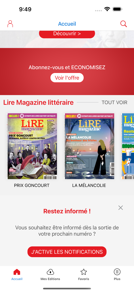 Lire Magazine - Home screen of Lire Magazine app showing literary magazine covers and subscription offers