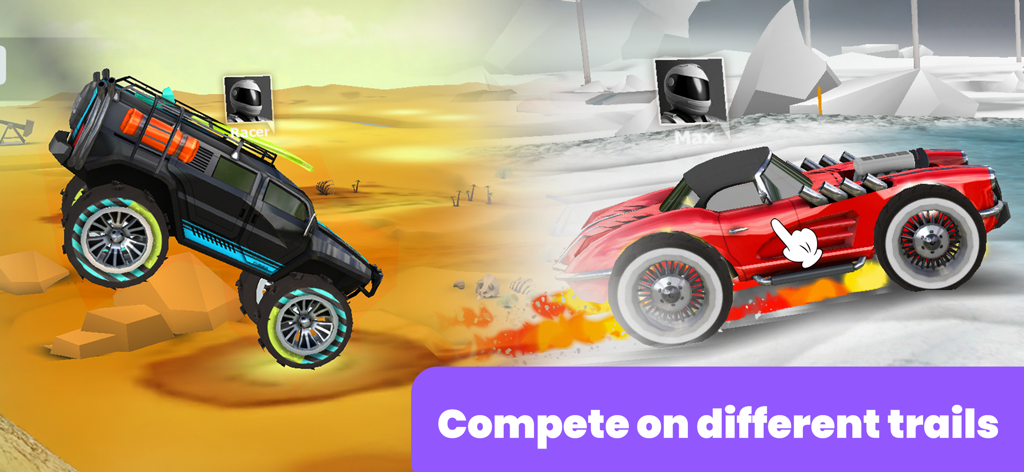 A black monster truck and a red sports car racing on desert and snow trails in the Skidos car racing game for kids.