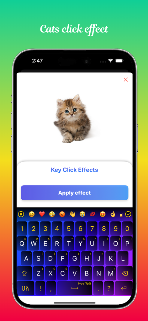 Type Geez Keyboard app interface showing a cat click effect option with a kitten image and a colorful gradient themed keyboard.