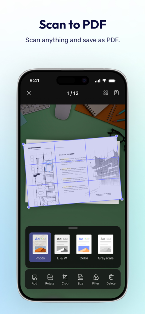 Oberfläche der mobilen UPDF-App, die die Funktion Scannen zu PDF mit Dokumentenbeschneidungs- und Filteroptionen zeigt