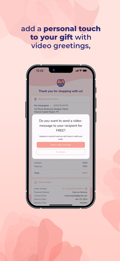 FlowerStore.ph Flowers & gifts - FlowerStore.ph app interface offering a free video message option for gift deliveries