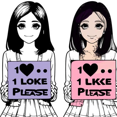 realistic girl with a sign saying 1 like please