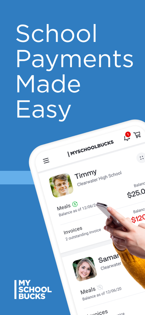 MSB Parent, USA - MySchoolBucks mobile app interface showing student meal account balances and payment options