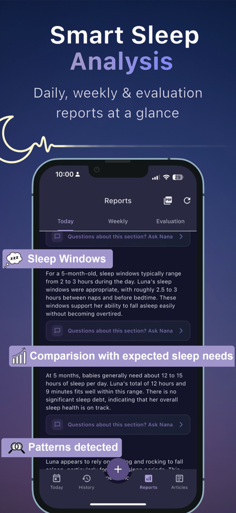 Nana: Baby Sleep Coach - A mobile interface displaying a smart sleep analysis report with insights on baby sleep windows and sleep needs