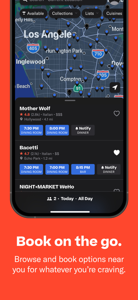 Resy - A mobile screenshot of the Resy app showing a map of Los Angeles with restaurant pins and booking options.
